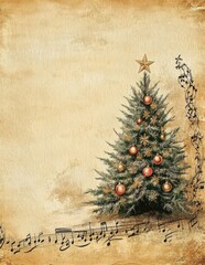 vintage christmas tree with ornaments and sheet music background, nostalgic holiday design.