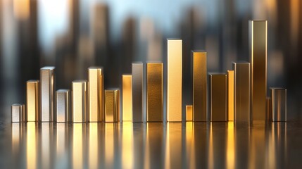 A set of metallic 3D bar graphs in gold and silver colors, standing tall on a reflective surface, representing business performance and wealth growth.