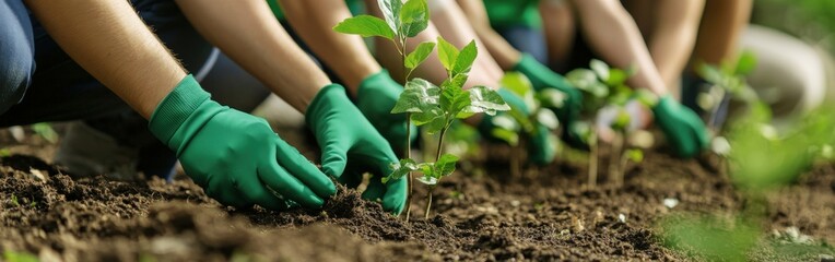 Wall Mural - Community members planting young trees in a garden during springtime