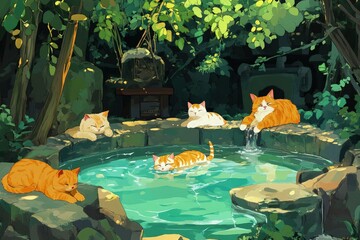 Wall Mural - a group of cats relaxing in a pool of water