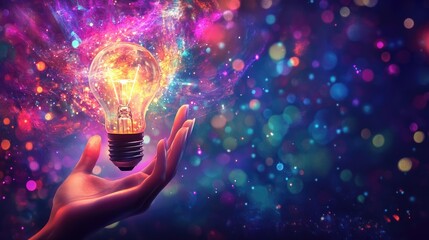 Abstract hand holding a lightbulb with a mesmerizing, glowing aura, vibrant backdrop