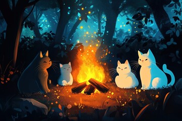 three cats sitting around a campfire in the woods