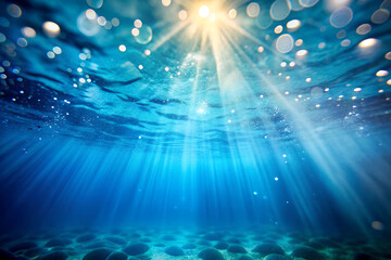 Sunlight beams underwater, serene ocean depth with glowing rays and bubbles