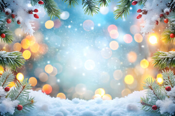  Snowy Christmas background with green pine branches, red berries, and festive bokeh lights. 