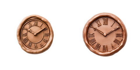 Two elegant wall clocks with Roman numerals in a warm copper tone, adding timeless charm to any decor. transparent background