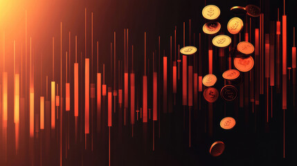 Falling interest rates concept illustrated with descending coins and vibrant background. image captures essence of financial trends and market dynamics, evoking sense of change and opportunity