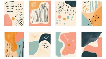 Poster - abstract painting featuring eight unique backgrounds with various shapes and doodle elements contemp