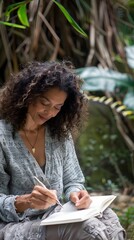 Woman Writing in Journal Outdoors Amidst Lush Greenery Illustrating Mindfulness and Wellness