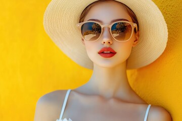 Portrait of beautiful girl in hat and sunglasses on colorful background. Fashion portrait of a beautiful young woman in sunglasses on a yellow summer background. with generative ai