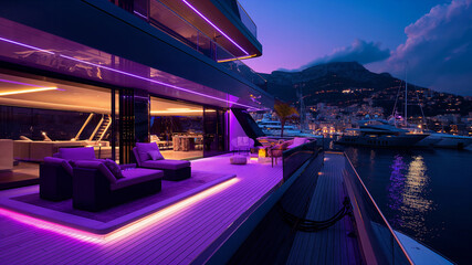 Wall Mural - a boat docked at a marina with a purple light on the deck and a view of the water and a city