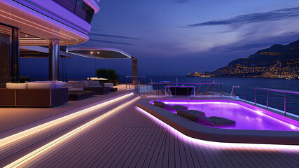 Wall Mural - a large outdoor swimming pool on a boat at night time with a view of the ocean and mountains in the distance