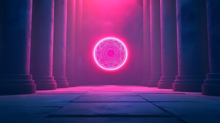 Wall Mural - Neon Pink Mandala in Ancient Hallway