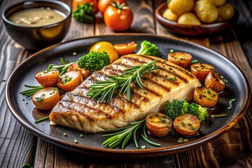 Wall Mural - A delicious grilled salmon fillet garnished with fresh rosemary served on a plate with roasted potatoes broccoli and cherry tomatoes an exquisite healthy meal filled with nutrients