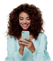 Poster - PNG A beautiful woman with brown curly hair is smiling and looking at her phone happy photo photography.