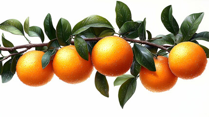 A branch with fresh oranges and green leaves, glistening with water droplets.