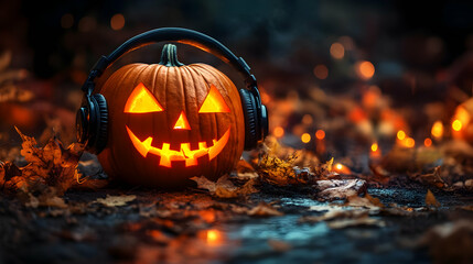 Wall Mural - A carved pumpkin with a smiling face and headphones, surrounded by autumn leaves and warm light.