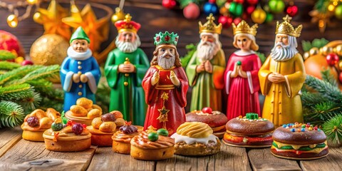 Brightly colored figurines of the Magi adorn the table, alongside sweet pastries and twinkling decorations, as we celebrate the joyous feast of Epiphany on this special day.