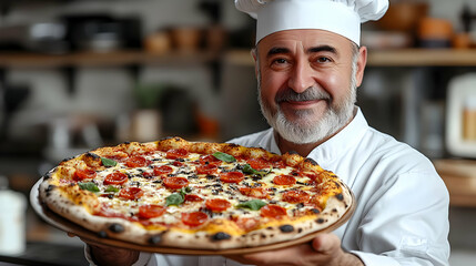 Wall Mural - A chef proudly presents a freshly made pizza in a cozy kitchen setting.