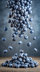 Fresh ripe bilberries falling onto pile against grey background