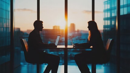 Poster - Two professionals working on laptops during a business meeting, silhouetted against a sunset through large office windows.
