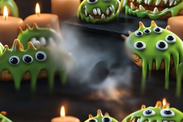 Spooky green monster cookies with googly eyes, perfect for Halloween treats and festive decorations, creating a fun and eerie atmosphere.