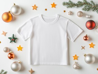 Blank T-shirt on a Christmas-themed background with ornaments, stars, and festive lights, ideal for holiday apparel marketing