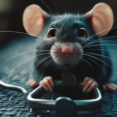 A close up portrait of a black rat with pink ears and nose, looking at the camera with big brown eyes, holding onto a metal object with its paws. Generated AI.