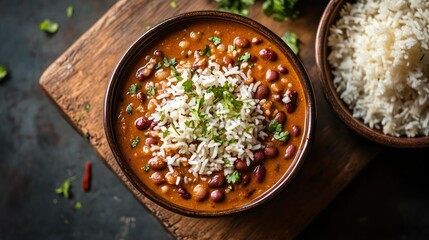 Wall Mural - A bowl of rich, spicy rajma (kidney bean curry) paired with a serving of boiled rice. North Indian flavors in a homely setting.