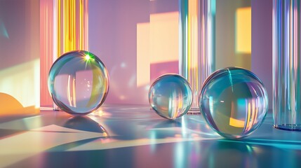 Poster - Colorful glass spheres and vertical tubes reflect light in a modern indoor setting during the day