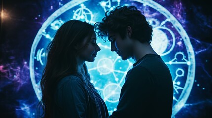 Young couple stands close together in front of a glowing celestial backdrop, immersed in a moment of connection and intimacy