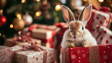 Christmas gift boxes wrapped with elegant ribbons, a playful rabbit peeking from behind, and twinkling lights from a blurred tree adding to the cozy holiday atmosphere. Christmas, New Year