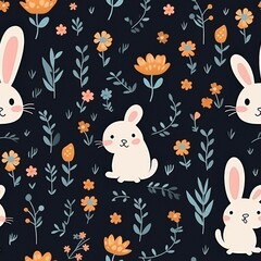 Wall Mural - Cute Bunny Rabbit Floral Seamless Pattern