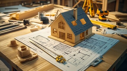 Architectural blueprints of a house spread out on a wooden table with construction tools and a scale ruler placed on top