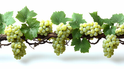 A cluster of green grapes with leaves on a vine against a white background.