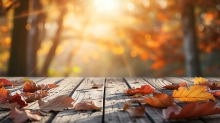 Autumn Leaves on Wooden Table with Blurred Background