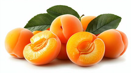 A cluster of ripe apricots with green leaves, showcasing their vibrant orange color.