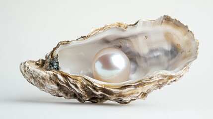 A close-up of a natural pearl nestled inside the folds of an oyster shell, the iridescent nacre reflecting light, set on a clean white background.