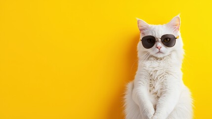 A cool cat with aviator sunglasses, sitting proudly on a bright yellow background