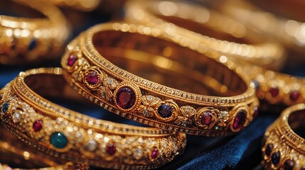 A close-up of intricately designed Indian gold bangles, featuring detailed patterns and gemstone accents, displayed on a velvet surface, showcasing traditional craftsmanship