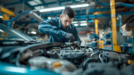 Car mechanic makes out diagnostics and repairs of the engine in a car workshop. Car maintenance service. Support car insurance service. Modern transportation.