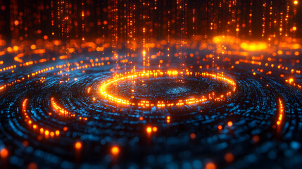 Poster - Abstract digital background with glowing orange and blue lights forming a circular pattern.