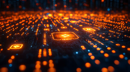Poster - Abstract digital circuit board with glowing orange and blue lights.  A concept of technology, data, and connectivity.