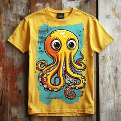 Wall Mural - Yellow T shirt with Cartoon Octopus Design on Wooden Background