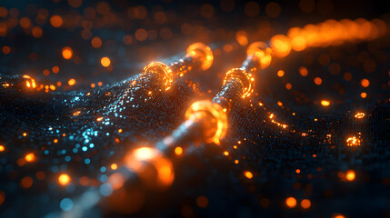 Poster - Abstract glowing metallic chain on a dark surface with bokeh lights.