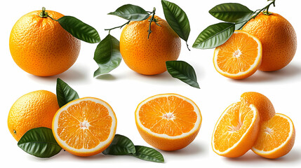 A collection of fresh oranges with leaves, showcasing their vibrant color and texture.