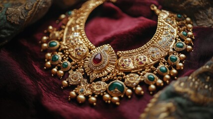 A detailed Indian gold necklace with traditional motifs and precious stones, highlighting its luxury and cultural significance on a rich velvet surface