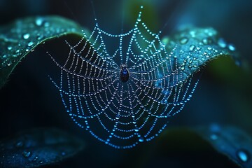 A spider web adorned with dew drops, captured in macro photography with natural light.