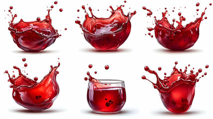 A collection of splashes of red liquid in various forms and containers.