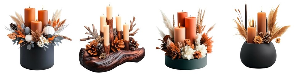 A collection of stylish candle arrangements featuring natural elements and warm colors for cozy home decor.