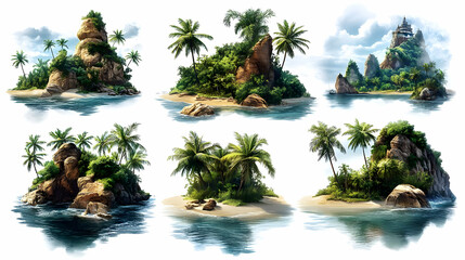 Wall Mural - A collection of tropical island illustrations featuring rocks, palm trees, and serene waters.